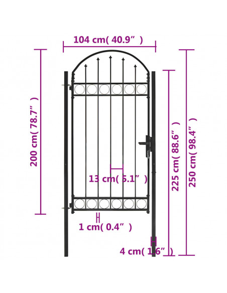 Cancello per Recinzione ad Arco in Acciaio 100x250 cm Nero