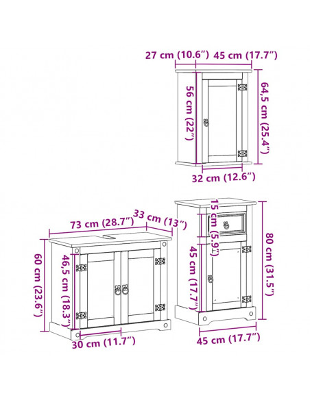 Set Mobili da Bagno 3 pz Corona in Legno Massello di Pino