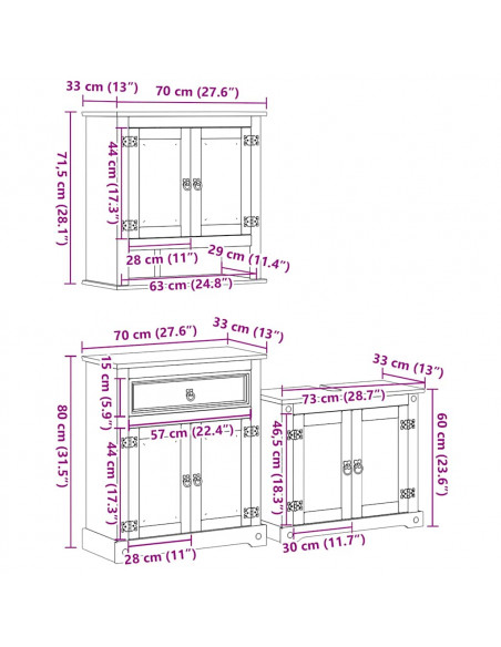 Set Mobili da Bagno 3 pz Corona in Legno Massello di Pino