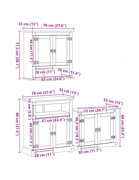 Set Mobili da Bagno 3 pz Corona in Legno Massello di Pino