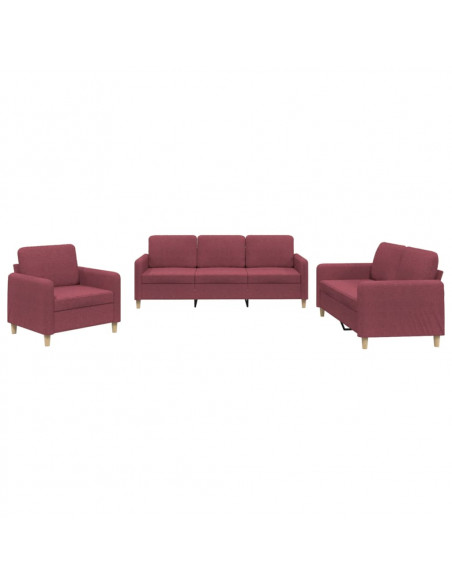 Set di Divani 3 pz con Cuscini Rosso Vino in Tessuto