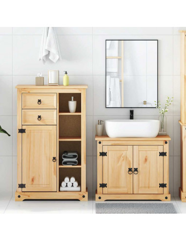 Set Mobili da Bagno 2 pz Corona in Legno Massello di Pino