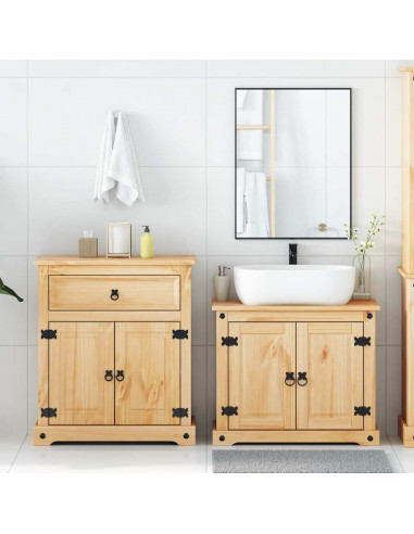 Set Mobili da Bagno 2 pz Corona in Legno Massello di Pino