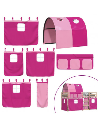 Letto a Castello con Tende Rosa 90x200 cm Legno Massello Pino