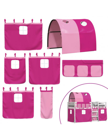 Letto a Castello con Tende Rosa 90x190 cm Legno Massello Pino