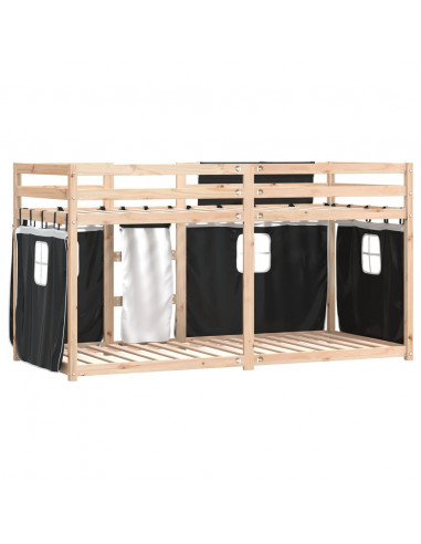 Letto a Castello con Tende Bianco e Nero 90x200cm Massello Pino