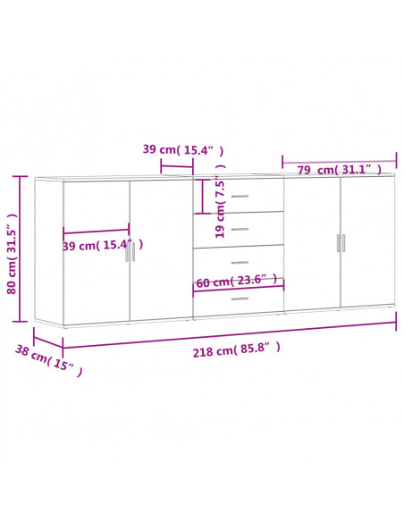Credenze 3 pz Nere in Legno Multistrato