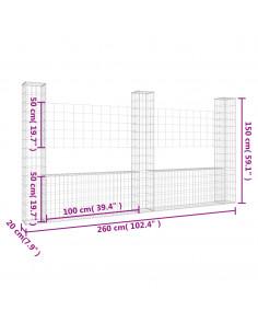 Cesto Gabbione a U con 3 Pali in Ferro 260x20x150 cm