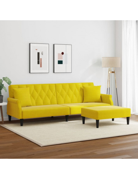 Divano Letto 2 Posti con Cuscini e Sgabello Giallo in Velluto
