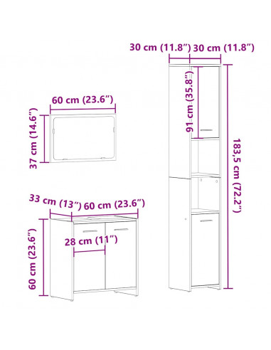 Set Mobili da Bagno 3 pz Legno Antico in Legno Multistrato
