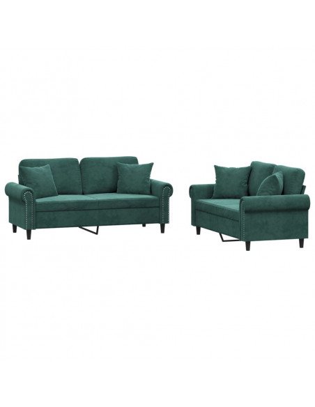 Set di Divani 2 pz con Cuscini Verde Scuro in Velluto