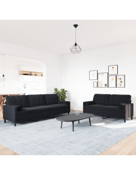 Set di Divani 2 pz con Cuscini e Rinforzi Nero in Velluto