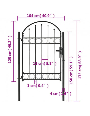 Cancello per recinzione ASSEN con parte superiore ad arco in acciaio 102x125 cm Nero