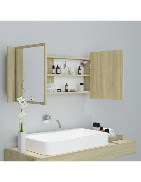 Armadietto a Specchio con Luci LED Rovere Sonoma in Acrilico