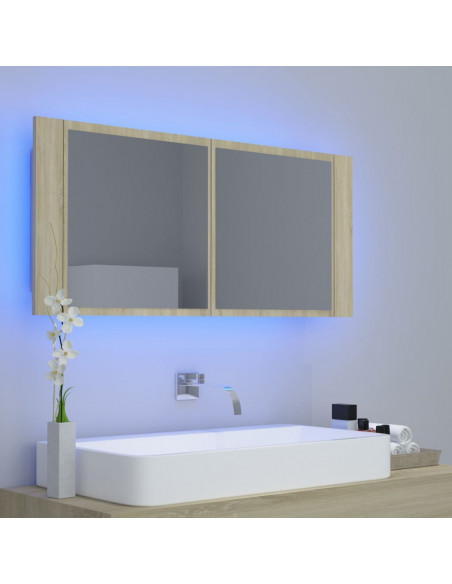 Armadietto a Specchio con Luci LED Rovere Sonoma in Acrilico