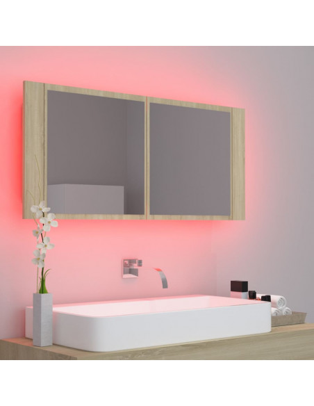 Armadietto a Specchio con Luci LED Rovere Sonoma in Acrilico