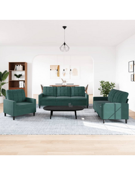 Set di Divani 3 pz con Cuscini Verde scuro in Velluto