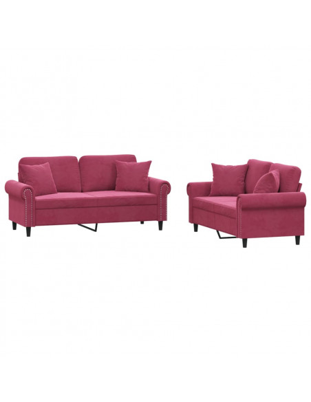 Set di Divani 2 pz con Cuscini Rosso Vino in Velluto