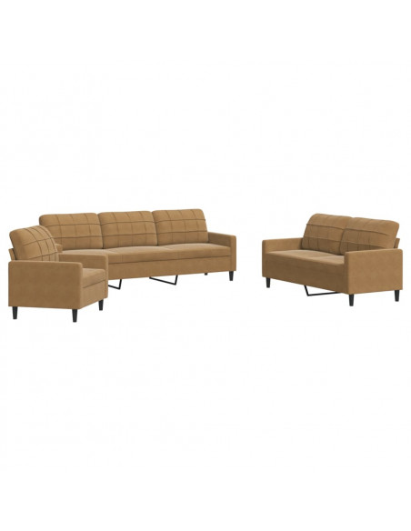 Set di Divani 3 pz con Cuscini Marrone in Velluto