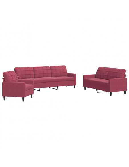 Set di Divani 3 pz con Cuscini Rosso Vino in Velluto