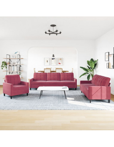 Set di Divani 3 pz con Cuscini Rosso Vino in Velluto