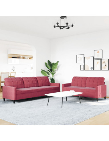 Set di Divani 2 pz con Cuscini Rosso Vino in Velluto