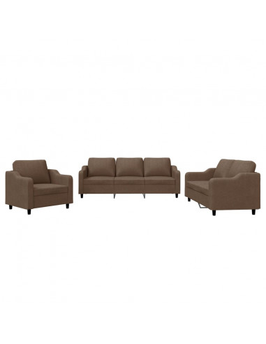 Set di Divani 3 pz con Cuscini Marrone in Tessuto