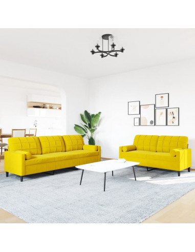 Set di Divani 2 pz con Cuscini e Rinforzi Giallo in Velluto