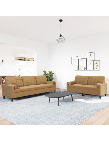 Set di Divani 2 pz con Cuscini e Rinforzi Marrone in Velluto