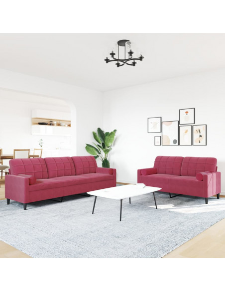 Set di Divani 2 pz con Cuscini e Rinforzi Rosso Vino in Velluto