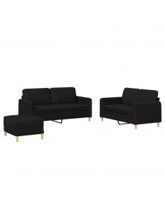 Set di Divani 3 pz con Cuscini Nero in Tessuto