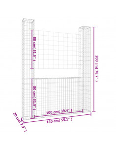 Gabbione a U con 2 Pali in Ferro 140x20x200 cm