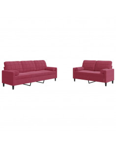 Set di Divani 2 pz con Cuscini e Rinforzi Rosso Vino in Velluto