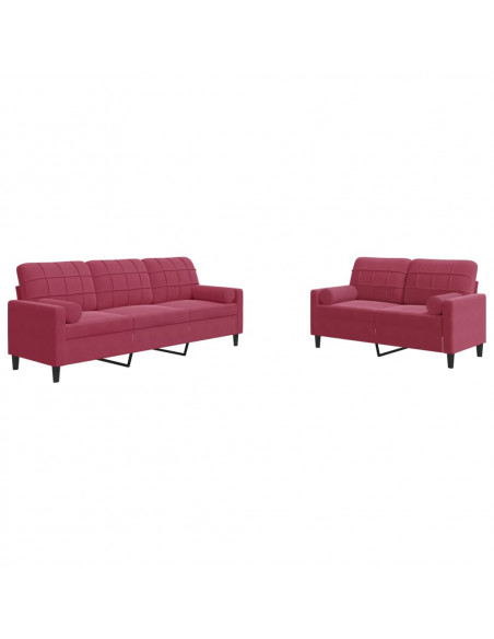 Set di Divani 2 pz con Cuscini e Rinforzi Rosso Vino in Velluto