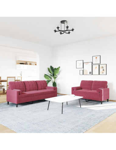 Set di Divani 2 pz con Cuscini e Rinforzi Rosso Vino in Velluto