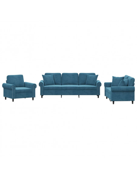 Set di Divani 3 pz con Cuscini Blu in Velluto