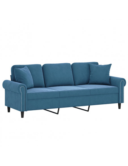 Divano a 3 Posti con Cuscini Blu 180 cm in Velluto