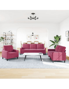 Set di Divani 3 pz con Cuscini Rosso Vino in Velluto 2