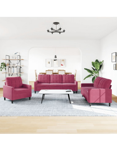 Set di Divani 3 pz con Cuscini Rosso Vino in Velluto