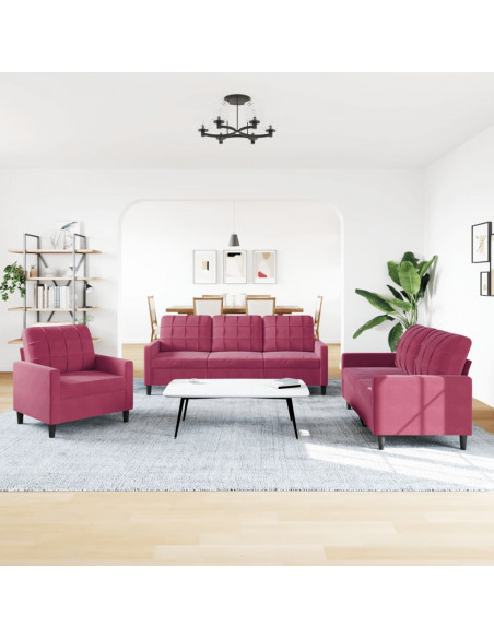 Set di Divani 3 pz con Cuscini Rosso Vino in Velluto
