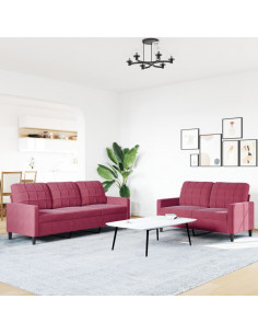 Set di Divani 2 pz con Cuscini Rosso Vino in Velluto 2