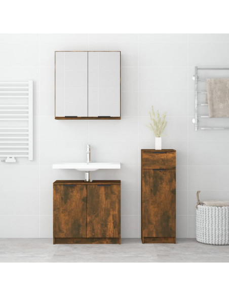 Set Mobili da Bagno 3 pz Rovere Fumo in Legno Multistrato
