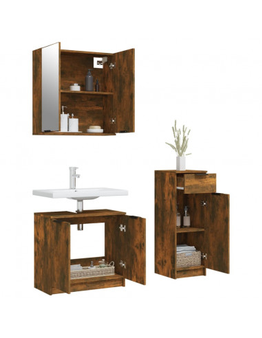 Set Mobili da Bagno 3 pz Rovere Fumo in Legno Multistrato
