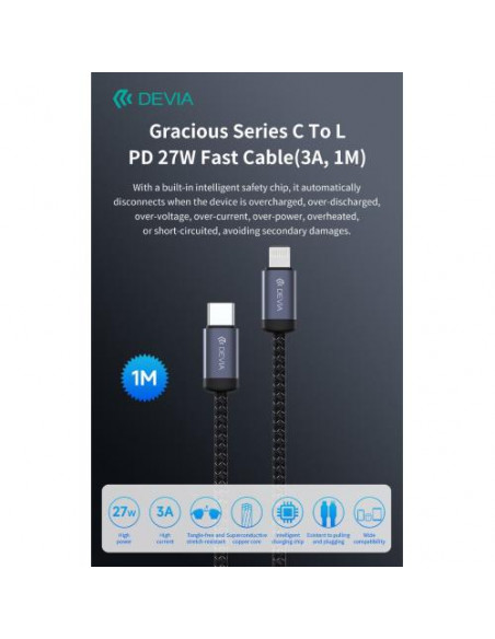 Cavo Devia da Tipo-C a Lightning PD 27W Alta velocita 1 Metr