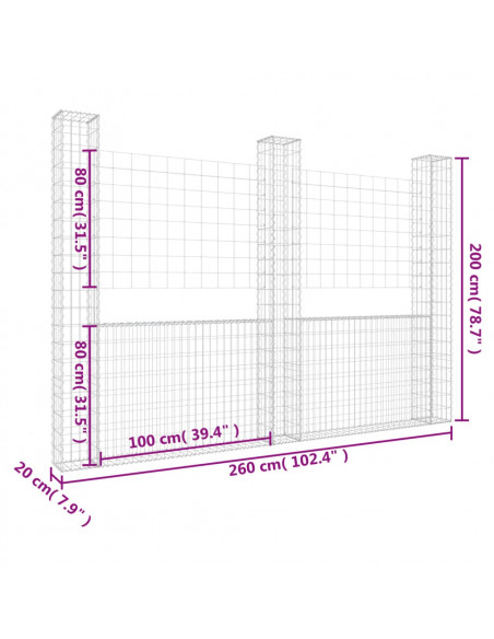 Gabbione a U con 3 Pali in Ferro 260x20x200 cm