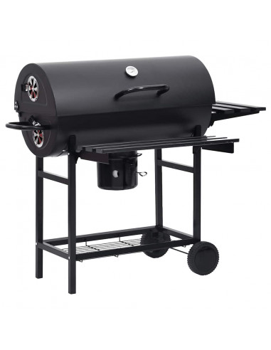Barbecue a Barile con Ruote e Ripiani Acciaio Nero 115x85x95 cm