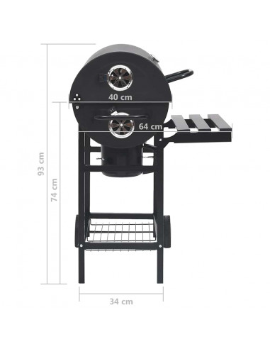 Barbecue a Barile con Ruote e Ripiani Acciaio Nero 115x85x95 cm