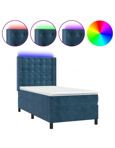 Letto a Molle con Materasso e LED Blu Scuro 80x200cm in Velluto