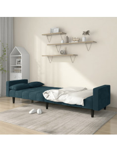 Divano Letto a 2 Posti con 2 Cuscini Blu in Velluto 2