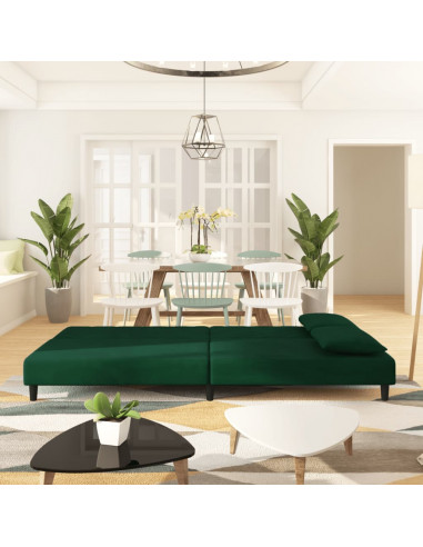 Divano Letto a 2 Posti con 2 Cuscini Verde Scuro in Velluto